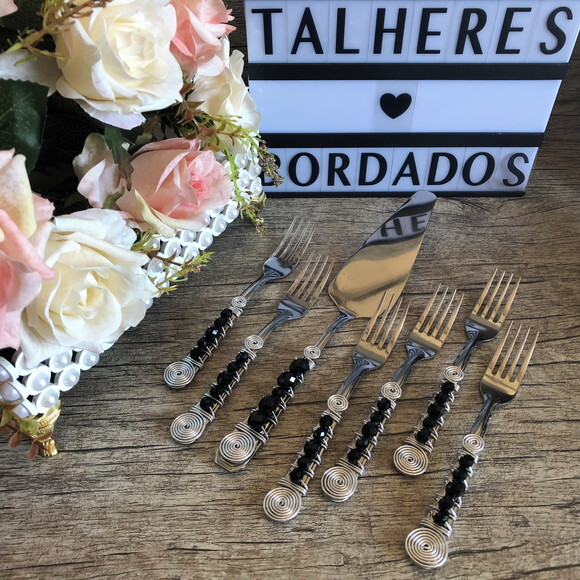Talheres Bordado Garfinho & Espátula Torta - Bolo - 7 Peças
