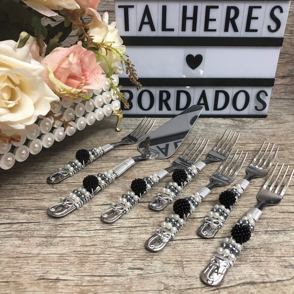 Talheres Bordado Garfinho & Espátula Torta - Bolo - 7 Peças