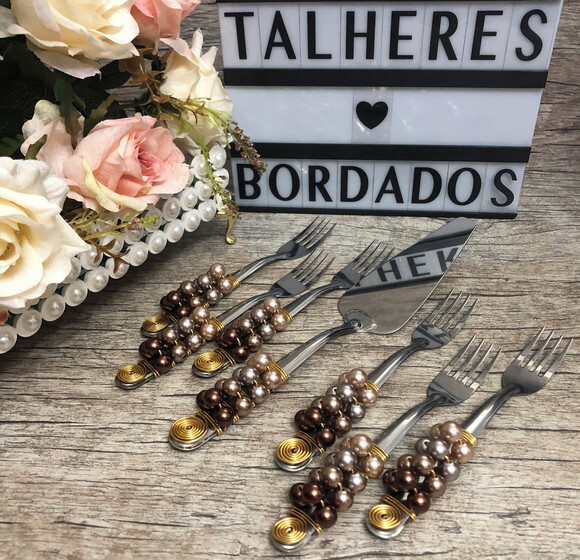 Talheres Bordado Garfinho & Espátula Torta - Bolo - 7 Peças