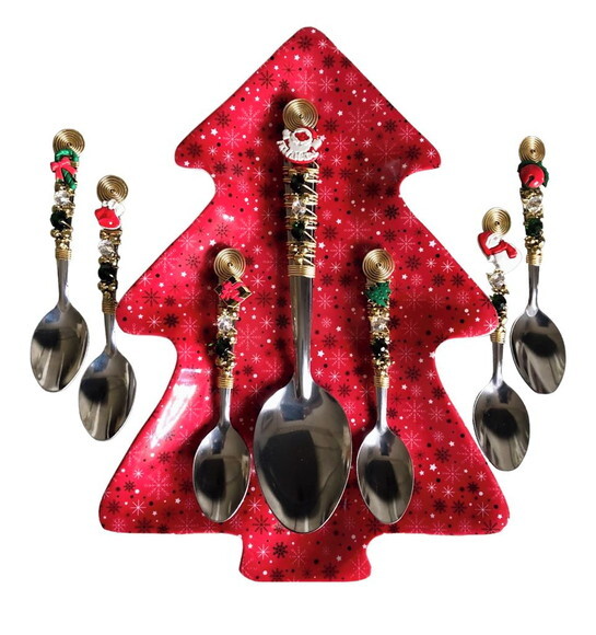 Talheres Bordado Natal Sobremesa Cremosa - 7 Pçs