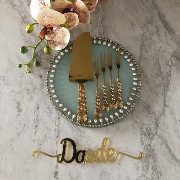Talheres Dourado Bordado Garfo & Espátula Torta - 5 Pçs