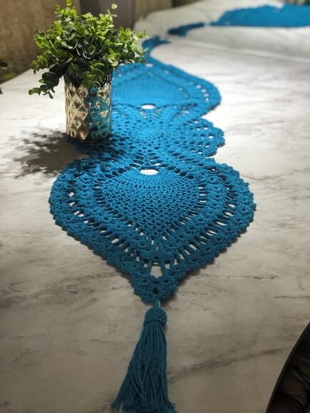 Trilho Mesa Croche Azul Turquesa- Caminho Centro de Mesa