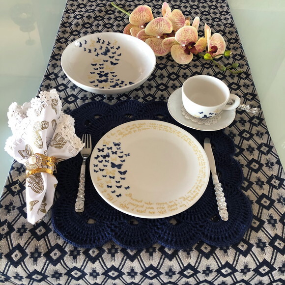 Trilho Mesa Estofaria Creme e Azul - Caminho Mesa