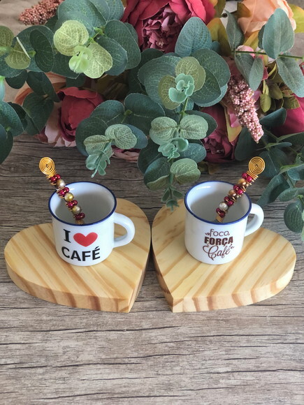 Xícara Café Espresso & Colheres Bordada - Par (6 Peças)