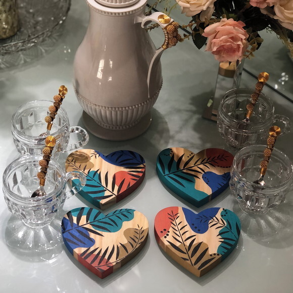 Xícara Vidro & Coaster Coração Pintura Orgânica - Par