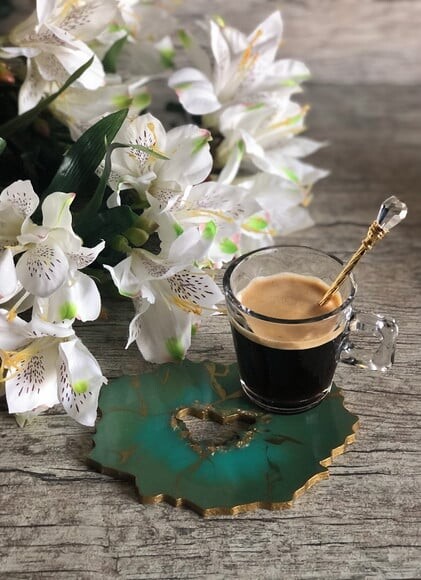 Coaster Geodo Resina Epóxi Verde - Porta Copo - Xícara Café