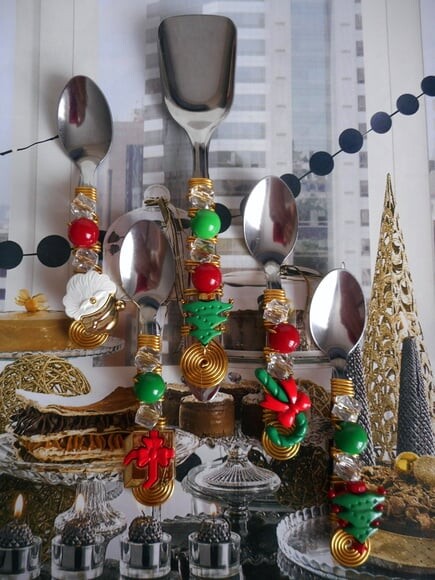 Colher Café & Açucareiro Bordada Natal - 7 Pçs