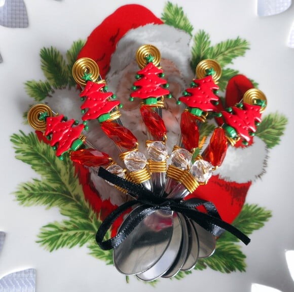 Colher Café Bordada Árvore Natal - Talheres Bordados - 6 Pçs