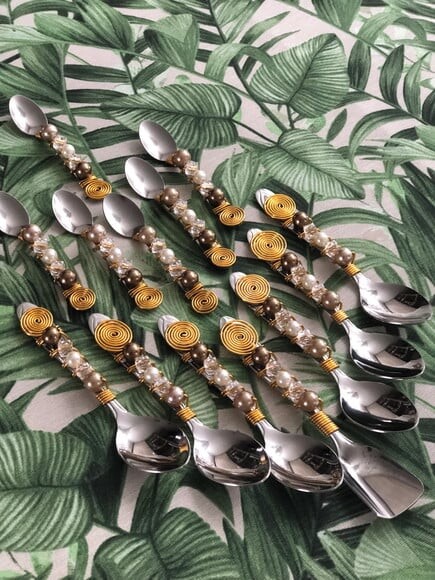 Colher Café Bordada com Pérolas Degradê - 6 Pçs