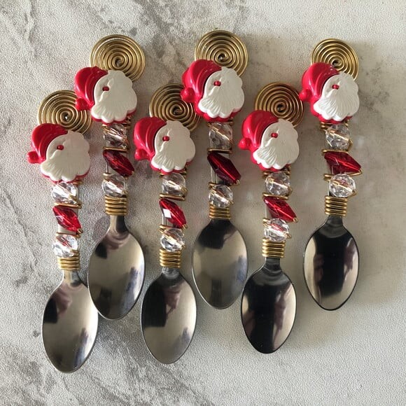 Colher Café Bordada Papai Noel - Talheres Bordados - 6 Pçs