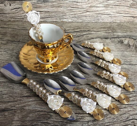 Colher Café Bordada Pérolas - 6 Pçs
