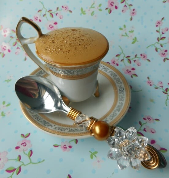 Colher Café Inox Bordada Pedraria Pérolas - 6 Pçs