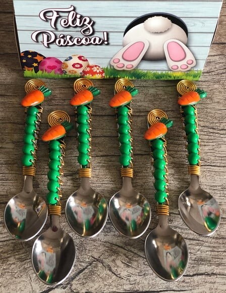 Colher Chá Bordada Cenoura Páscoa - Talheres Bordados - 6 Pç