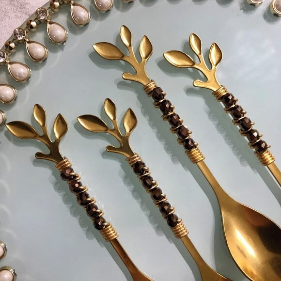Colher Chá Folhas Dourado Bordado Cristal - 4 Pçs