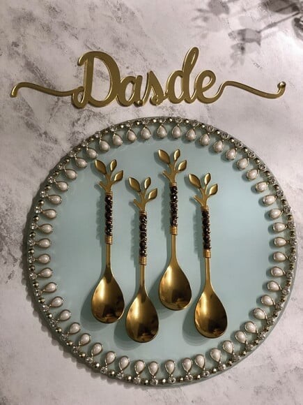 Colher Chá Folhas Dourado Bordado Cristal - 4 Pçs