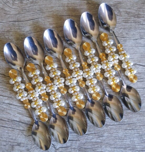 Colher Sobremesa Bordada Pérolas - Talheres Bordados - 6 Pçs