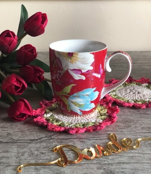 Descanso de Xícara - Porta Copos Croche Tulipas - Par