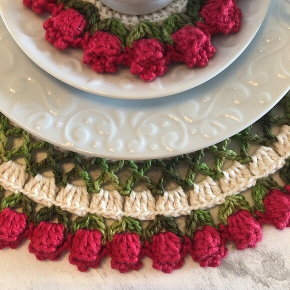 Descanso Xícara - Porta Copos Croche Tulipa Vermelha - Par