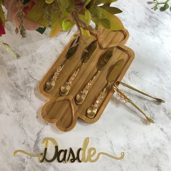 Espátula Dourado Bordada Patê Manteiga Cristal Ambar - 4 Pçs