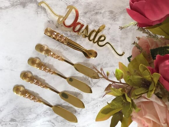 Espátula Dourado Bordada Patê Manteiga Cristal Ambar - 4 Pçs