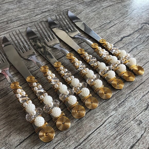 Faqueiro Talheres Mesa Bordados Pérolas - 24 Pçs