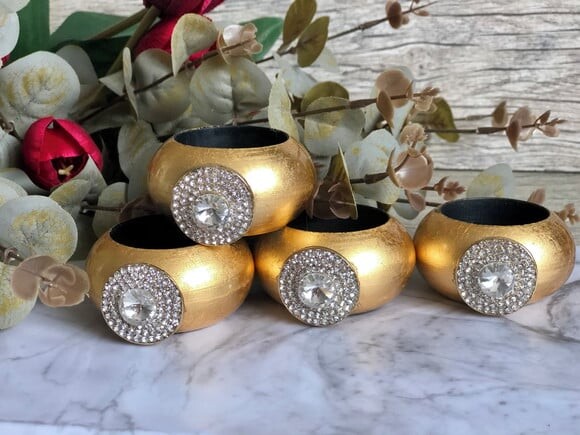 Porta Guardanapo Glamour Dourado com Strass - 4 Unid.