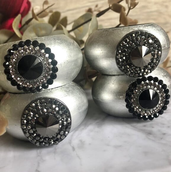 Porta Guardanapo Prata Glamour com Strass Preto - 4 Unid.