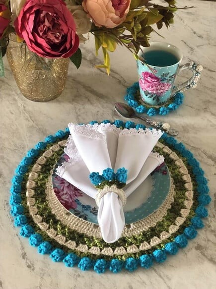 Sousplat Americano Croche Boho Barroco Tulipa Turquesa *par*