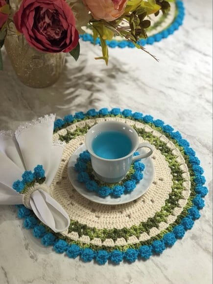 Sousplat Americano Croche Boho Barroco Tulipa Turquesa *par*