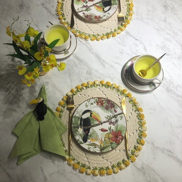 Sousplat Americano Croche Boho Tulipa Amarelo Mescla *par*