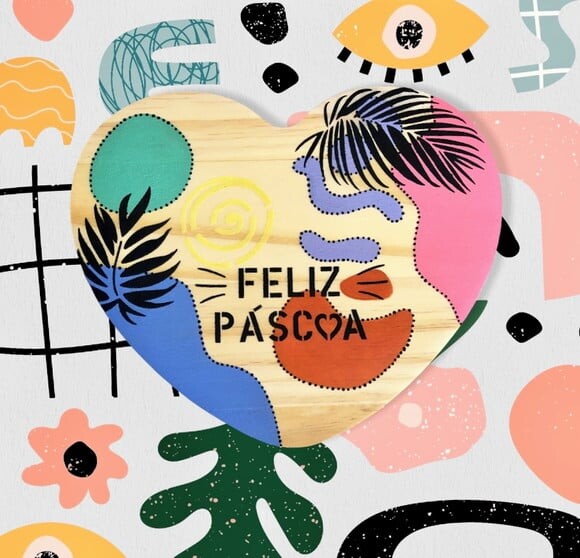 Tábua Coração Feliz Páscoa Madeira Pinus - Pintura Orgânica