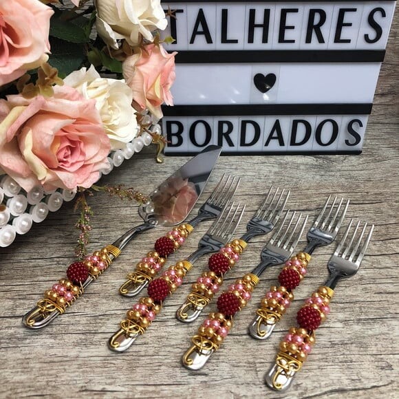 Talheres Bordado Garfinho & Espátula Torta - Bolo - 7 Peças