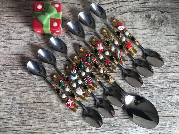 Talheres Bordado Natal Sobremesa Cremosa - 7 Pçs