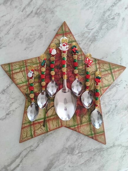 Talheres Bordado Natal Sobremesa Cremosa - 7 Peças