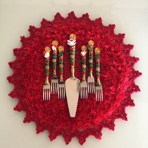 Talheres Bordado Torta Tema Natal - Mod.02 - 7 Pcs