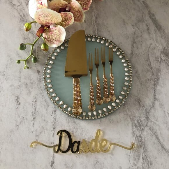 Talheres Dourado Bordado Garfo & Espátula Torta - 5 Pçs