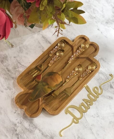 Talheres Dourado Ambar Bordado Garfo & Espátula Torta 5 Pçs