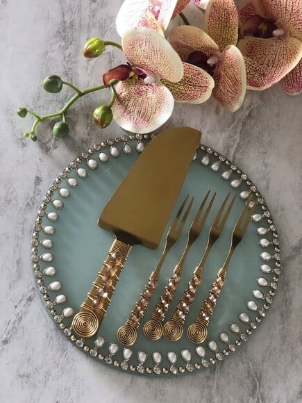 Talheres Dourado Bordado Garfo & Espátula Torta - 5 Pçs