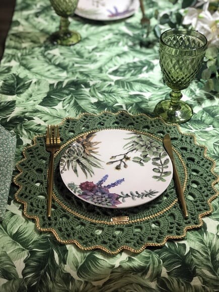 Trilho / Caminho Mesa Jacquard Folhas Verdes *valor do Par*