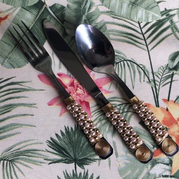 Trio Talheres Mesa Bordados Pérolas Rose Gold - Par