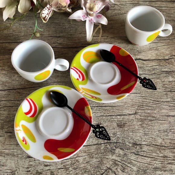 Xícara Café Espresso & Colher Bordada - Par (6 Peças)