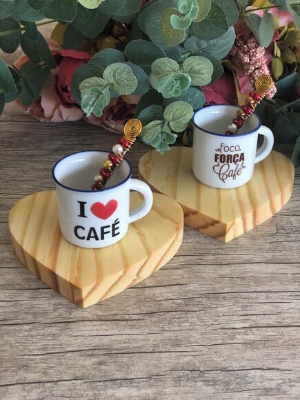Xícara Café Espresso & Colheres Bordada - Par (6 Peças)