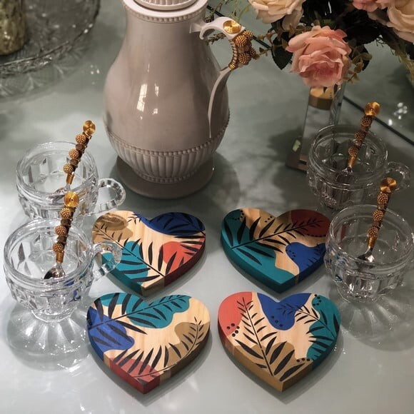 Xícara Vidro & Coaster Coração Pintura Orgânica - Par