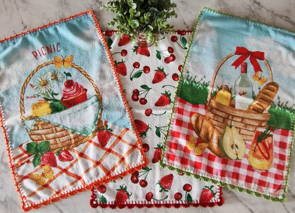 Pano Copa Prato Felpudo Picnic com Croche - Kit 3 unidades