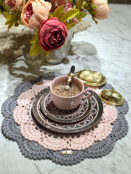 Sousplat Americano Croche Renda Guipir Rosa & Cinza - 2 unidades
