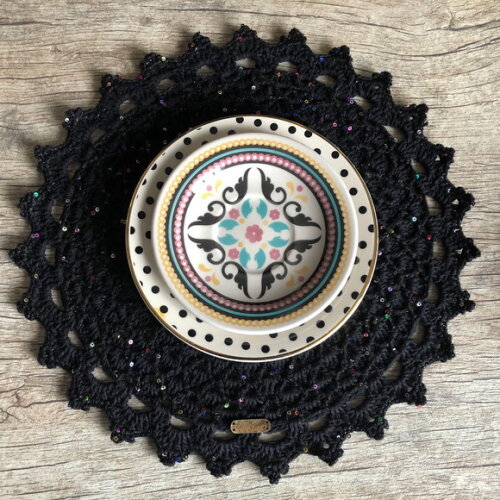 Sousplat Americano Croche Preto Micro Paetês - Par