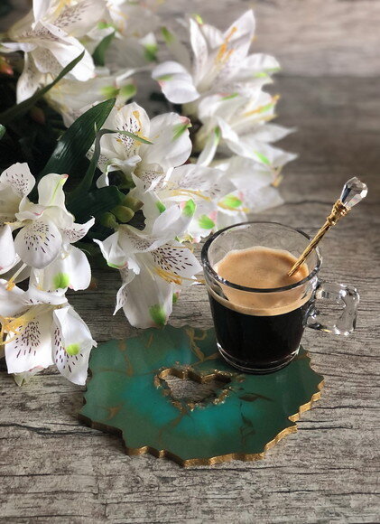 Coaster Geodo Resina Epóxi Verde - Porta Copo - Xícara Café
