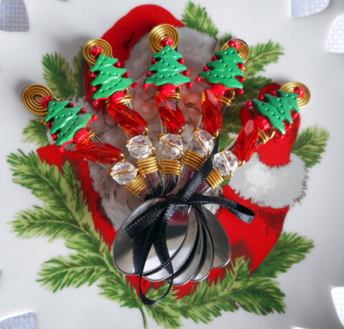 Colher Café Bordada Árvore Natal - Talheres Bordados - 6 Pçs