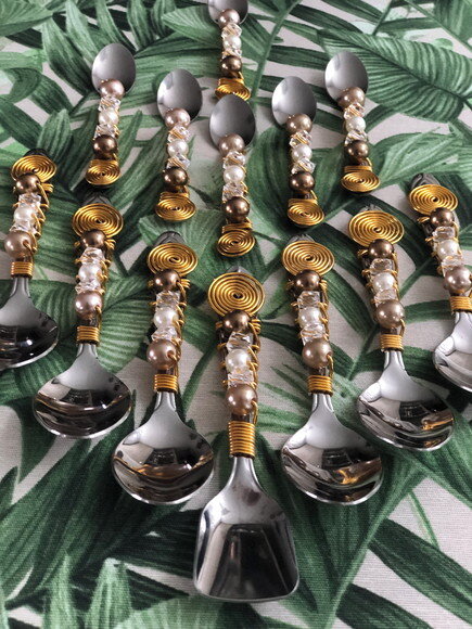 Colher Café Bordada com Pérolas Degradê - 6 Pçs