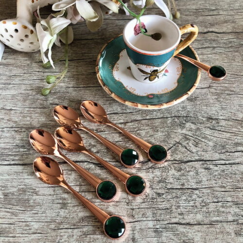 Colher Café Decorada Rose Gold com Pedrarias - 5 Pçs